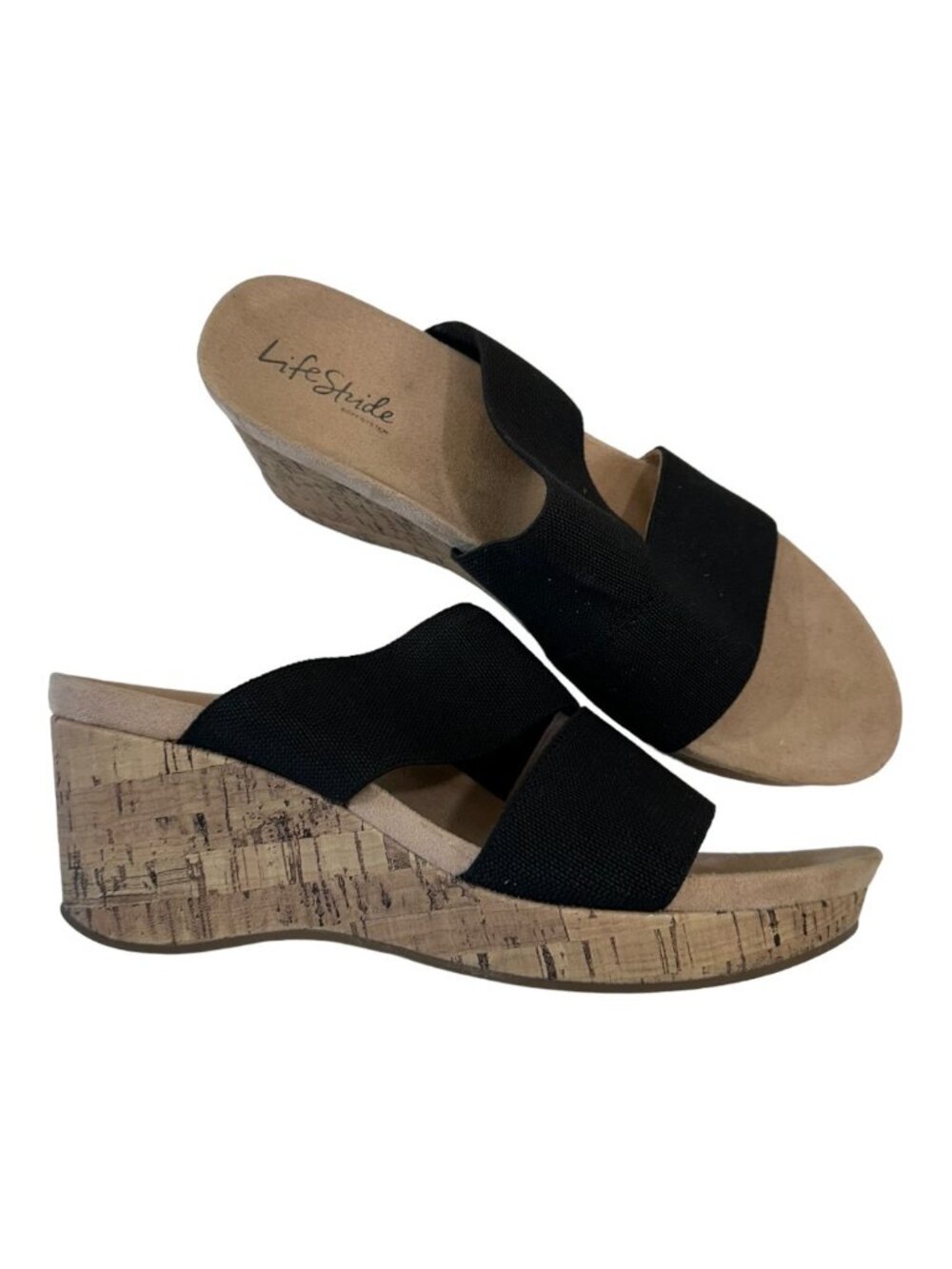 LifeStride Womens Black Elastic Cork Wedge Sandals Size 9W Casual Comfort Shoes